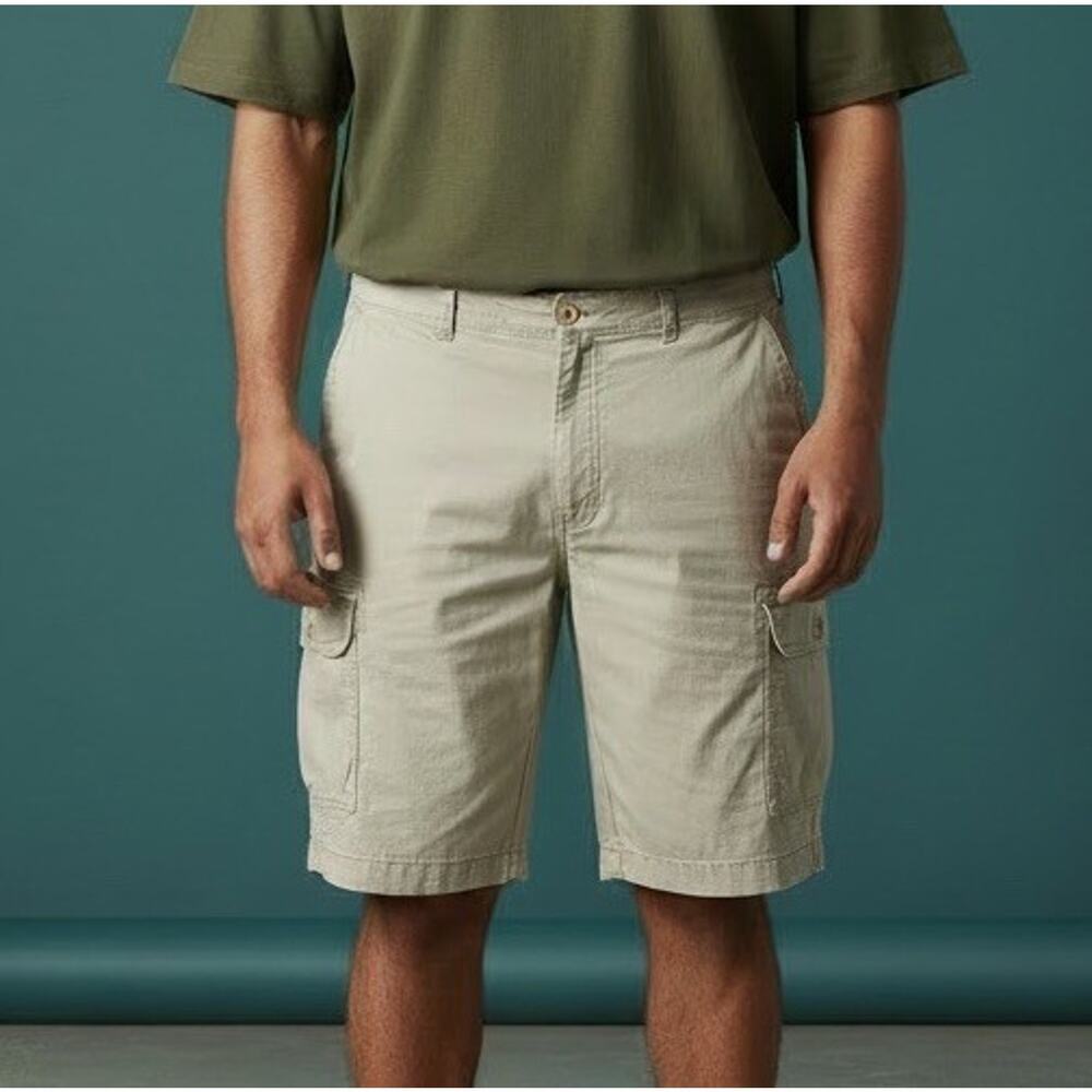 Izod Men Tan Flat Front Medium Wash Chino Cargo Short 52 W 11 Inseam Saltwater